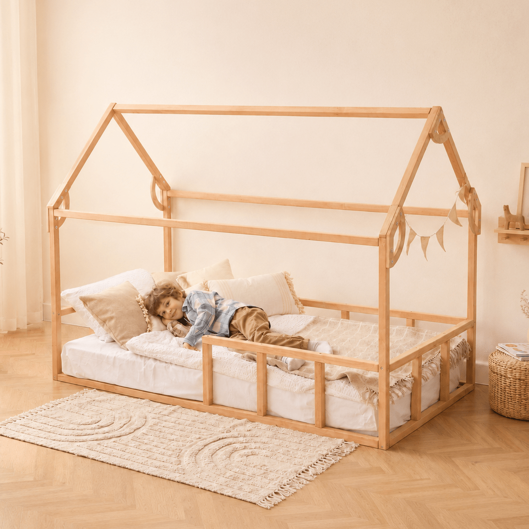 Twin Size Montessori House Bed for Kids with Fence