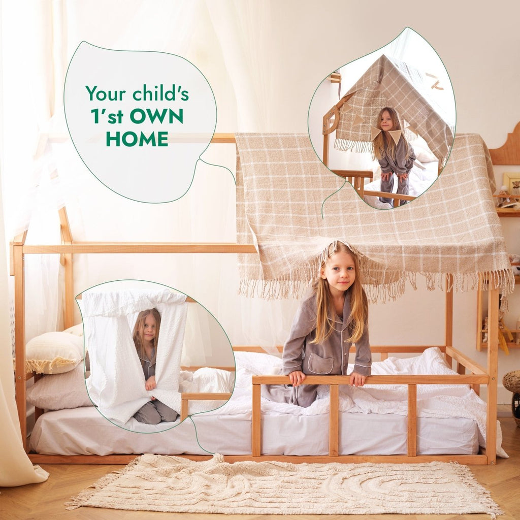 Twin Size Montessori House Bed for Kids with Fence