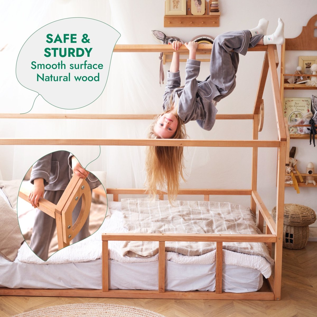 Twin Size Montessori House Bed for Kids with Fence