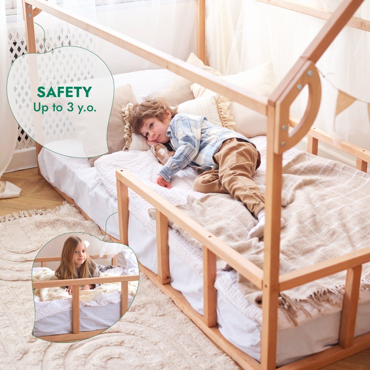 Twin Size Montessori House Bed for Kids with Fence